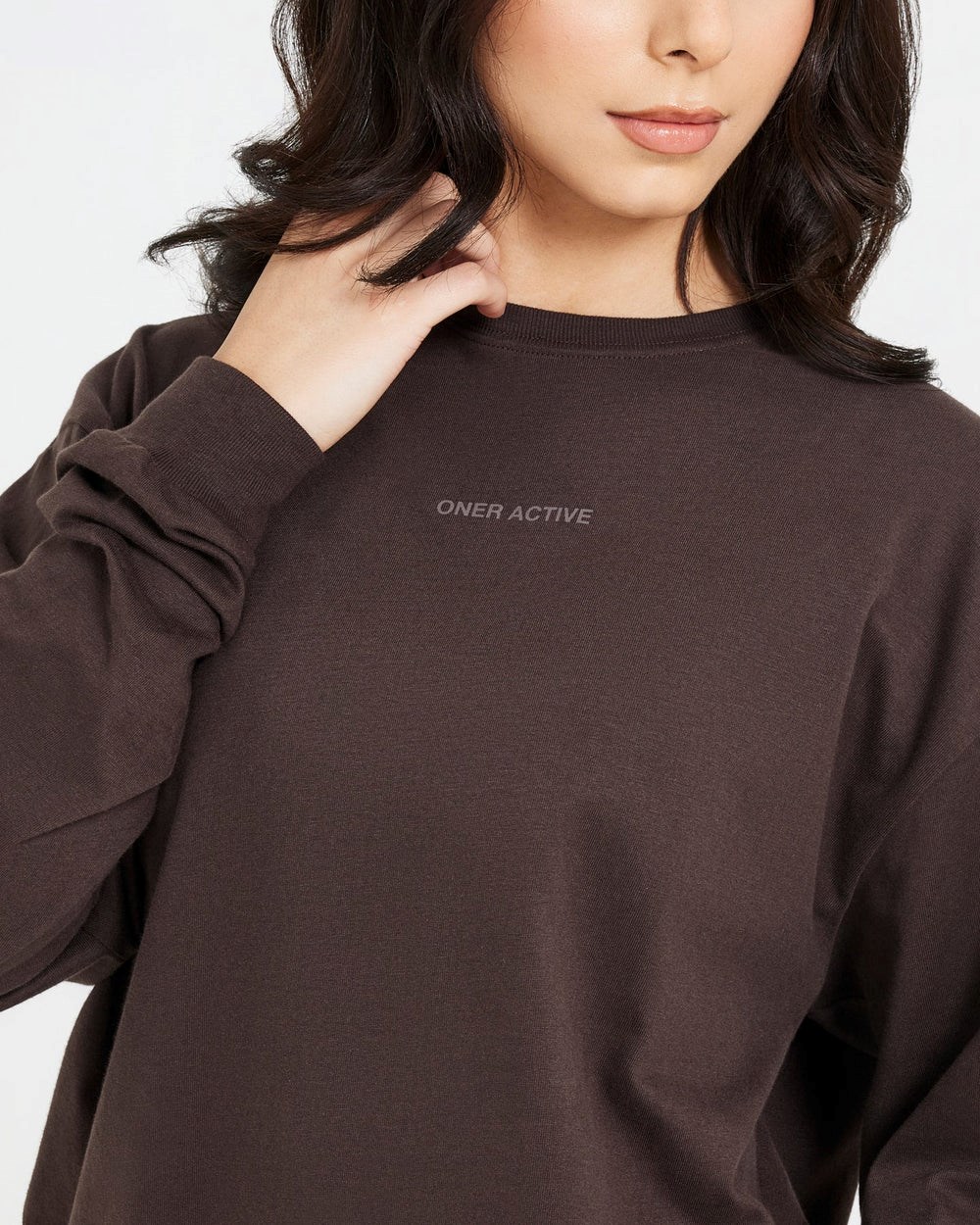 Washed 70% Cocoa Oner Active Classic Mirror Graphic Oversized Long Sleeve Top | 5803VQCZB