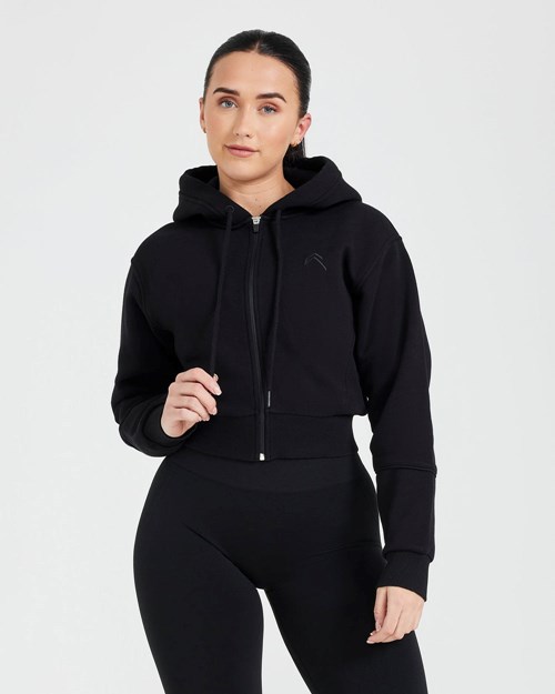 Black Oner Active Classic Lounge Cropped Zip Through Hoodie | 5126MXFSI