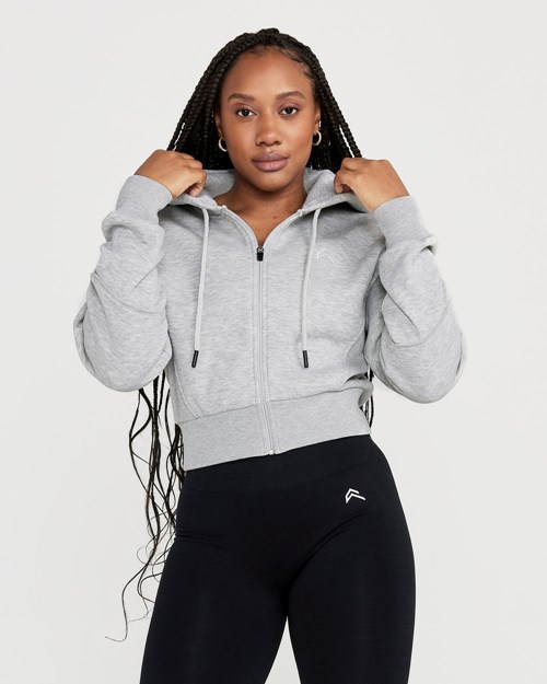 Silver Grey Marl Oner Active Classic Lounge Cropped Zip Through Hoodie | 1745QYCDN