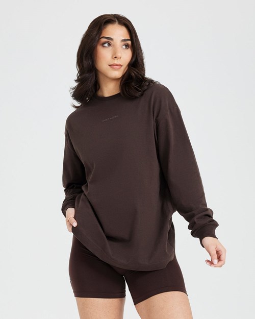 Washed 70% Cocoa Oner Active Classic Mirror Graphic Oversized Long Sleeve Top | 5803VQCZB